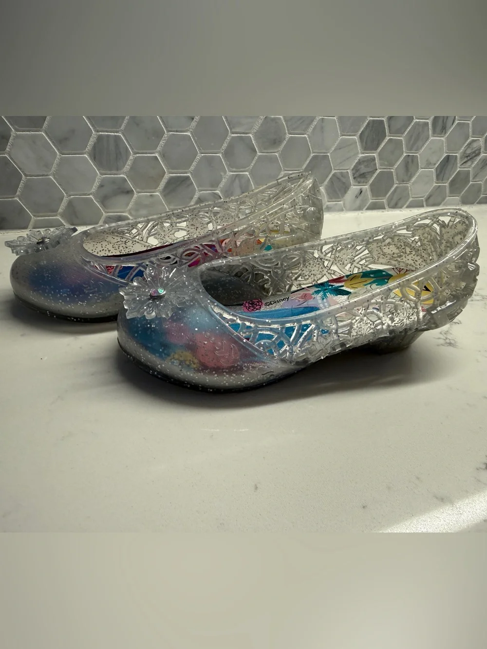 Frozen Disney Girls Clear Glitter Jelly Shoes with Anna & Elsa Art - Size 7